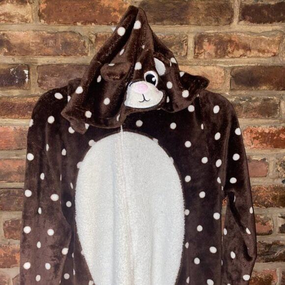 Forever 21 Bear Animal Polka Dot Brown White Plush One Piece Pajamas Size Large - Picture 7 of 7